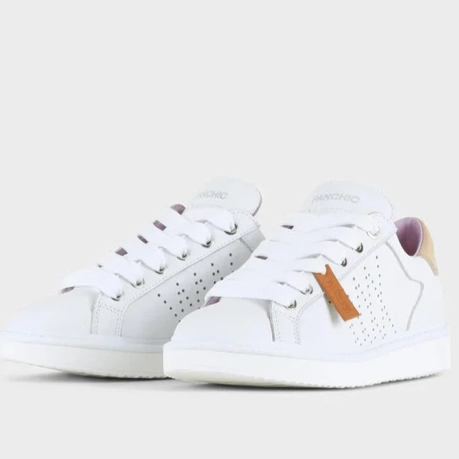 Sneakers Panchic donna pelle bianco inserti laminato oro rosa
