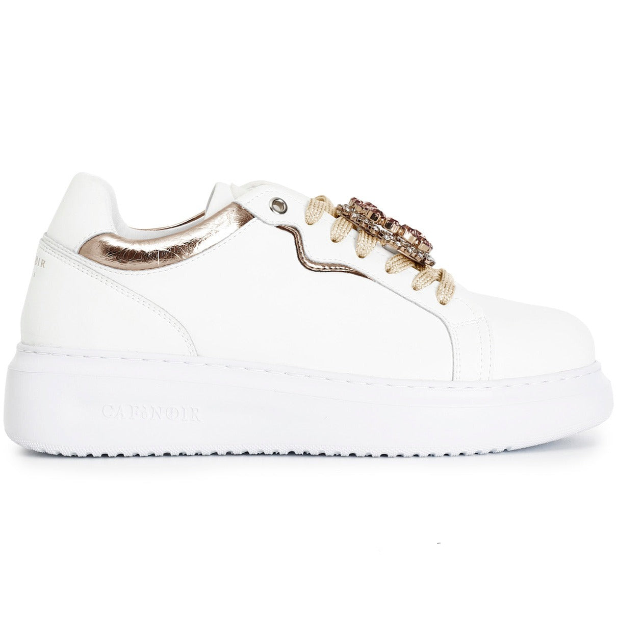 Sneakers CafèNoir donna pelle bianco inserti pesca laminato gioiello