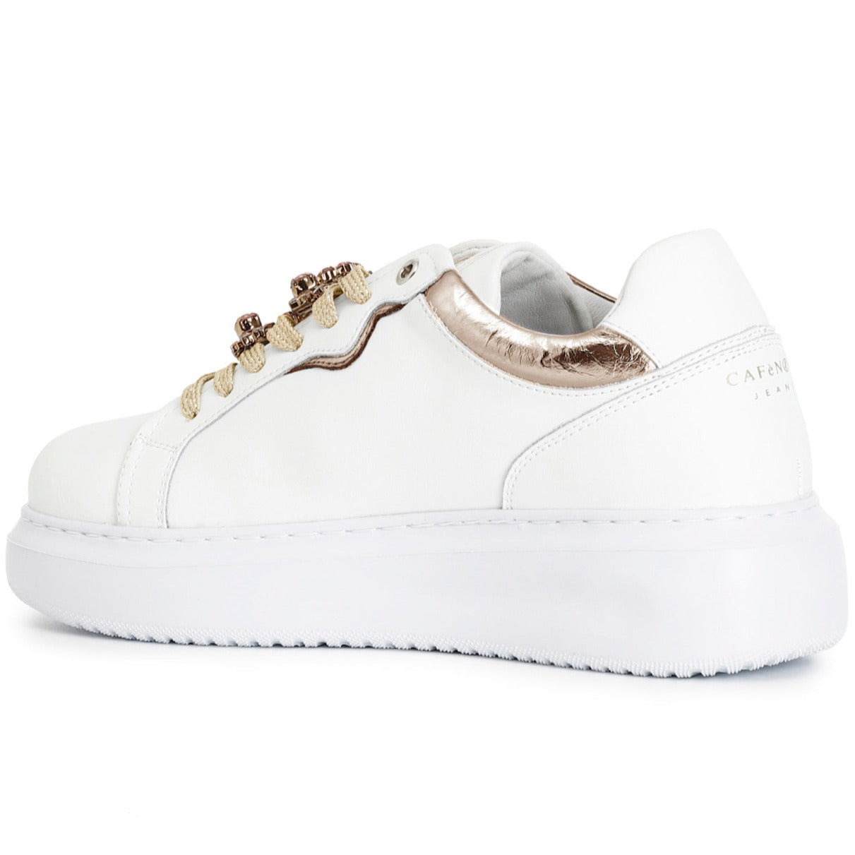 Sneakers CafèNoir donna pelle bianco inserti pesca laminato gioiello