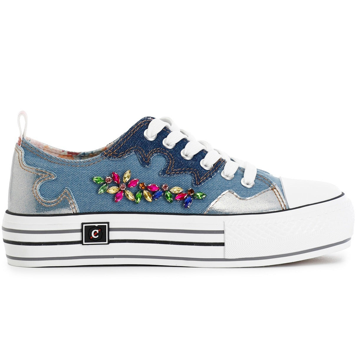 Sneakers CafèNoir donna tessuto jeans inserti gioiello