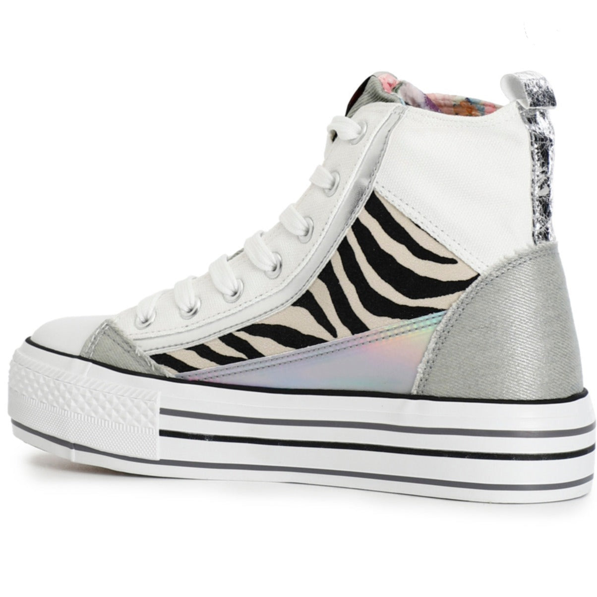 Sneakers CafèNoir woman white fabric zebra and silver inserts