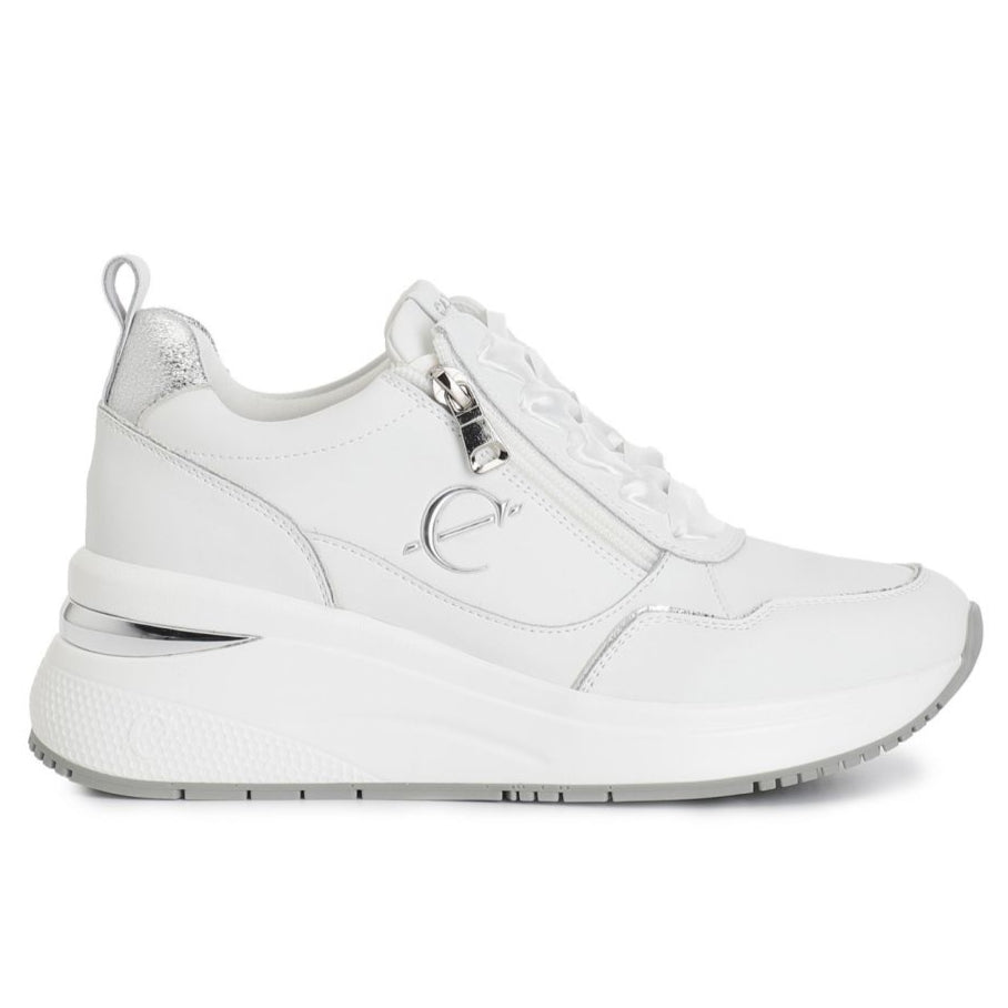 Sneakers zeppa CafèNoir donna pelle bianco zip