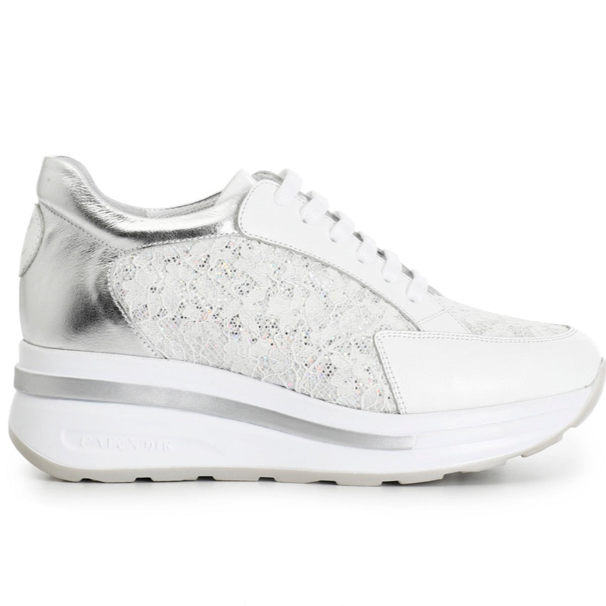Sneakers CafèNoir donna pelle bianco inserti pizzo con zeppa