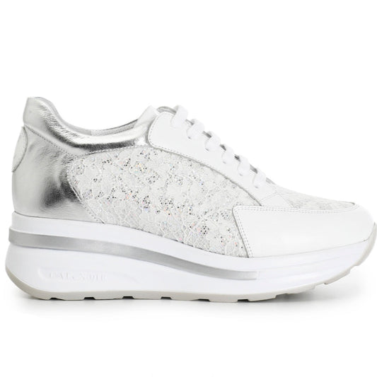 Sneakers CafèNoir woman white leather with laminated peach inserts and jewel