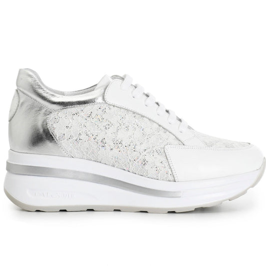 Sneakers CafèNoir donna pelle bianco inserti pizzo con zeppa