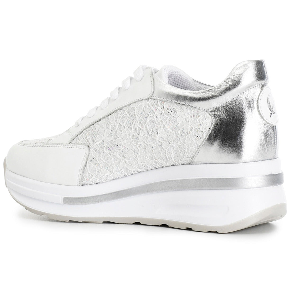 Sneakers CafèNoir donna pelle bianco inserti pizzo con zeppa