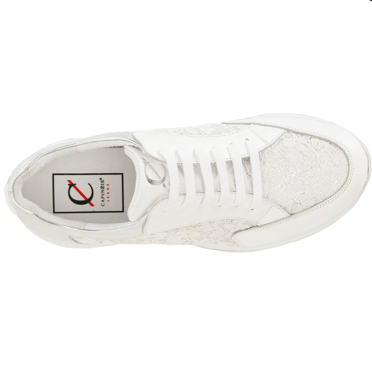 Sneakers CafèNoir donna pelle bianco inserti pizzo con zeppa