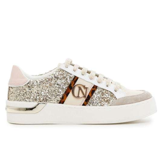 Sneakers CafèNoir woman white leather gold glitter inserts