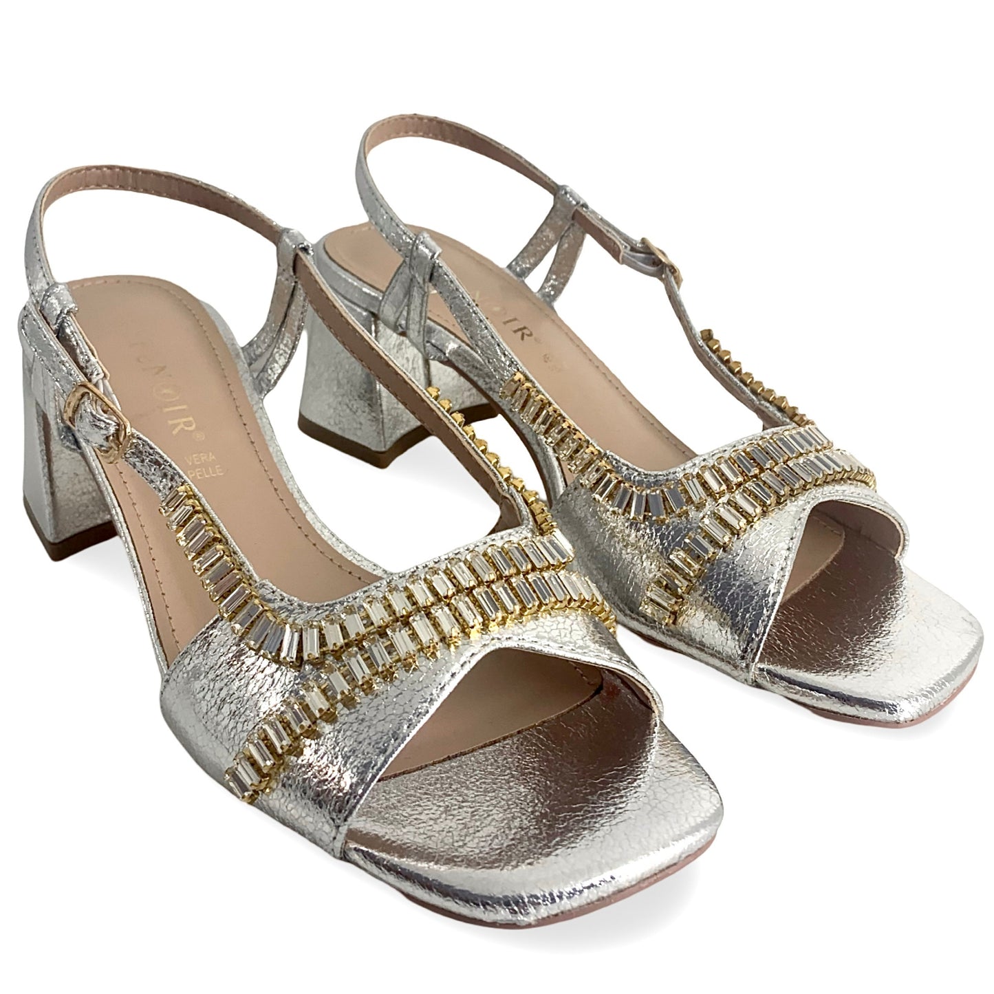 Sandals CafèNoir woman silver leather gold insert