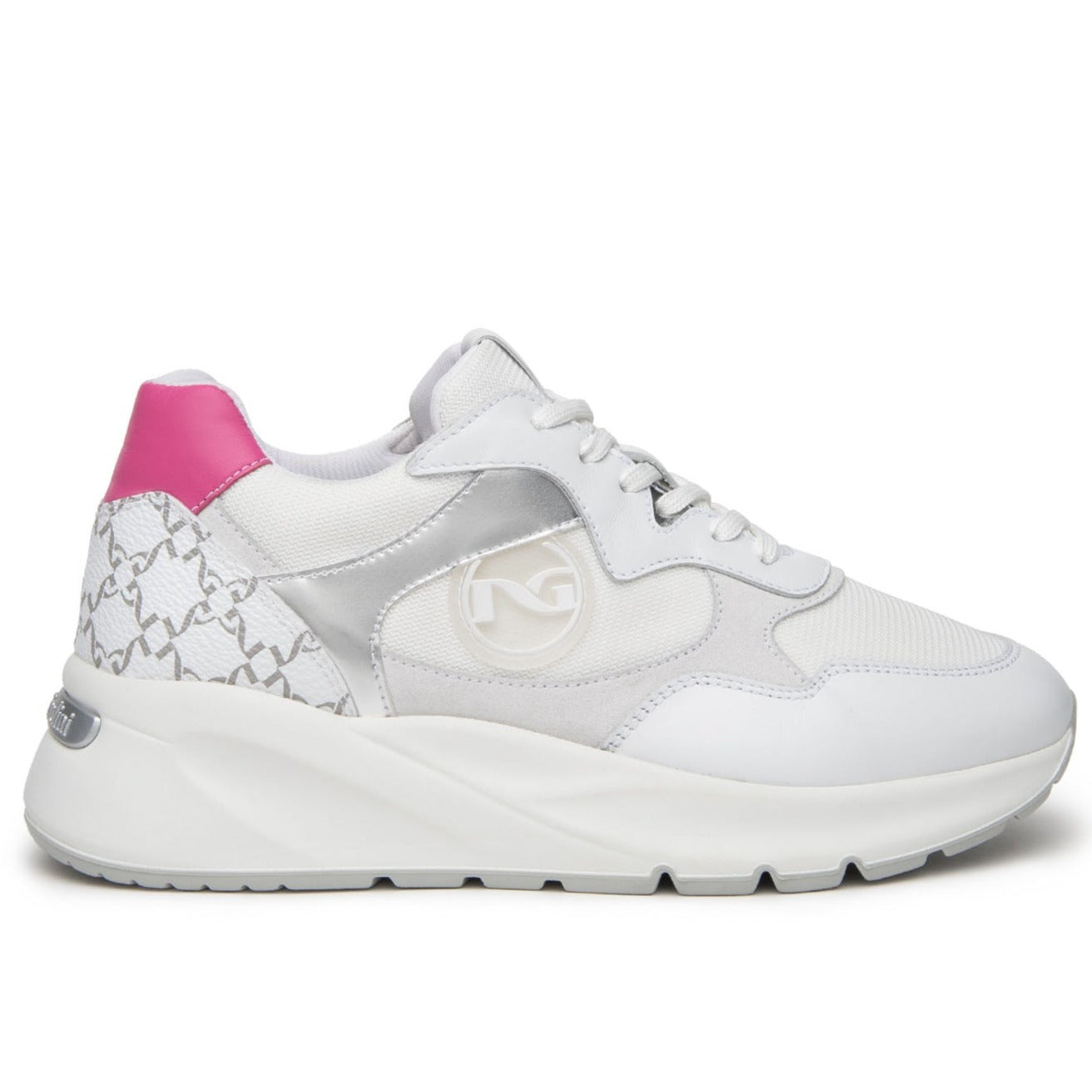 Sneakers NeroGiardini woman white leather and fabric fuchsia inserts