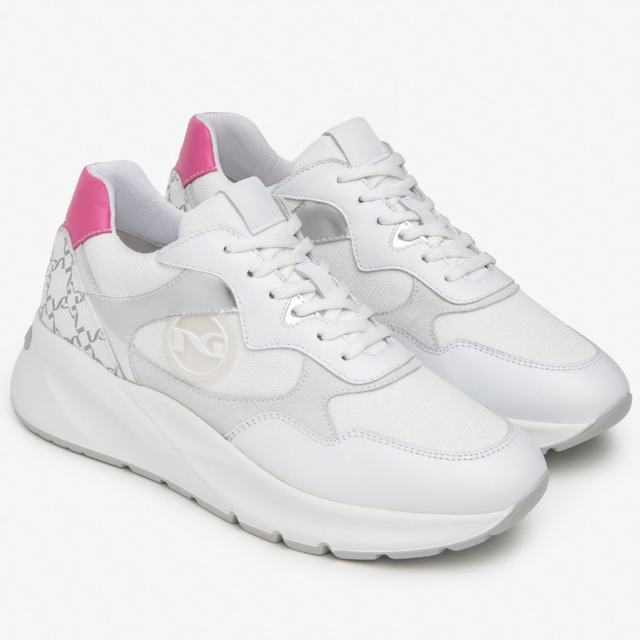 Sneakers NeroGiardini woman white leather and fabric fuchsia inserts