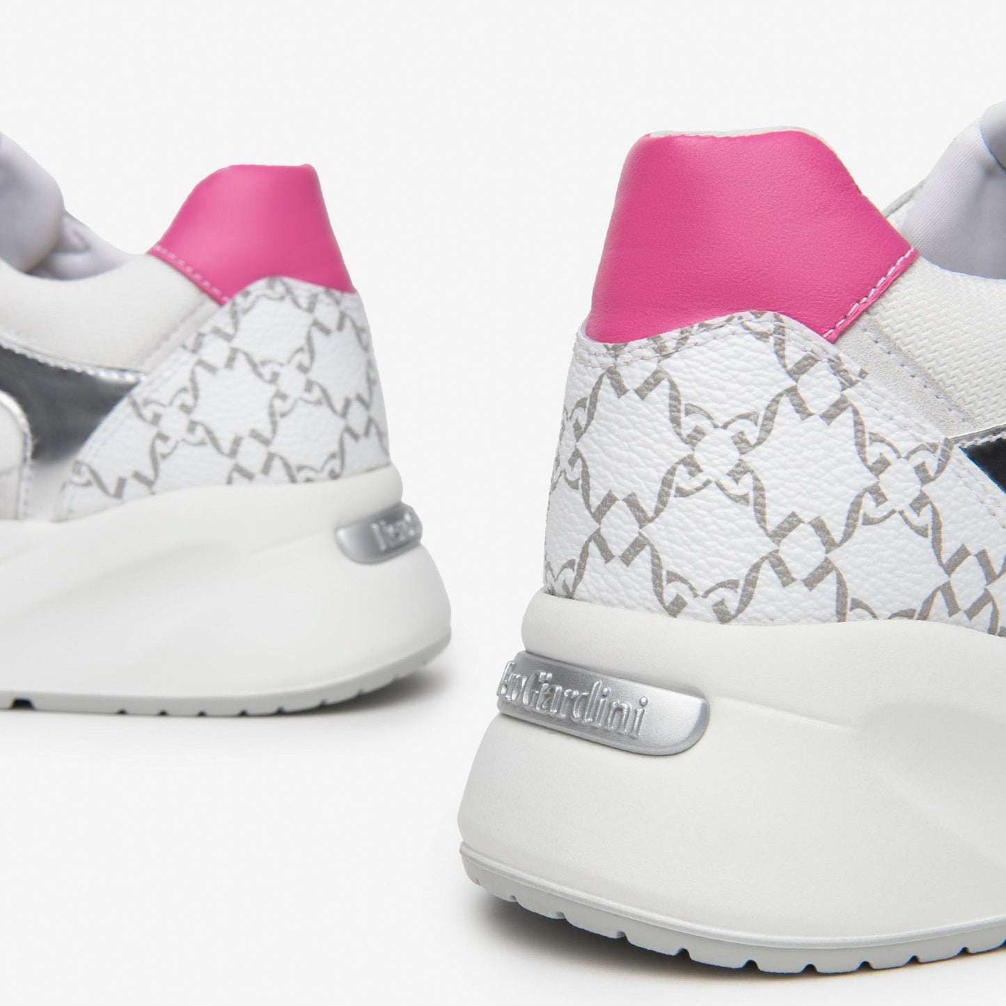 Sneakers NeroGiardini woman white leather and fabric fuchsia inserts