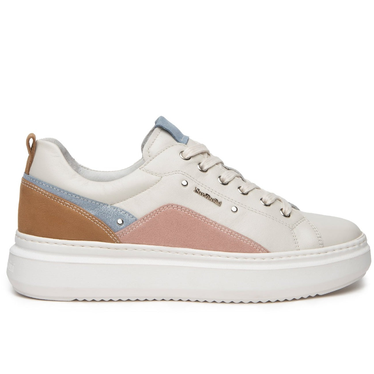 Sneakers NeroGiardini donna pelle bianco inserti camoscio peonia