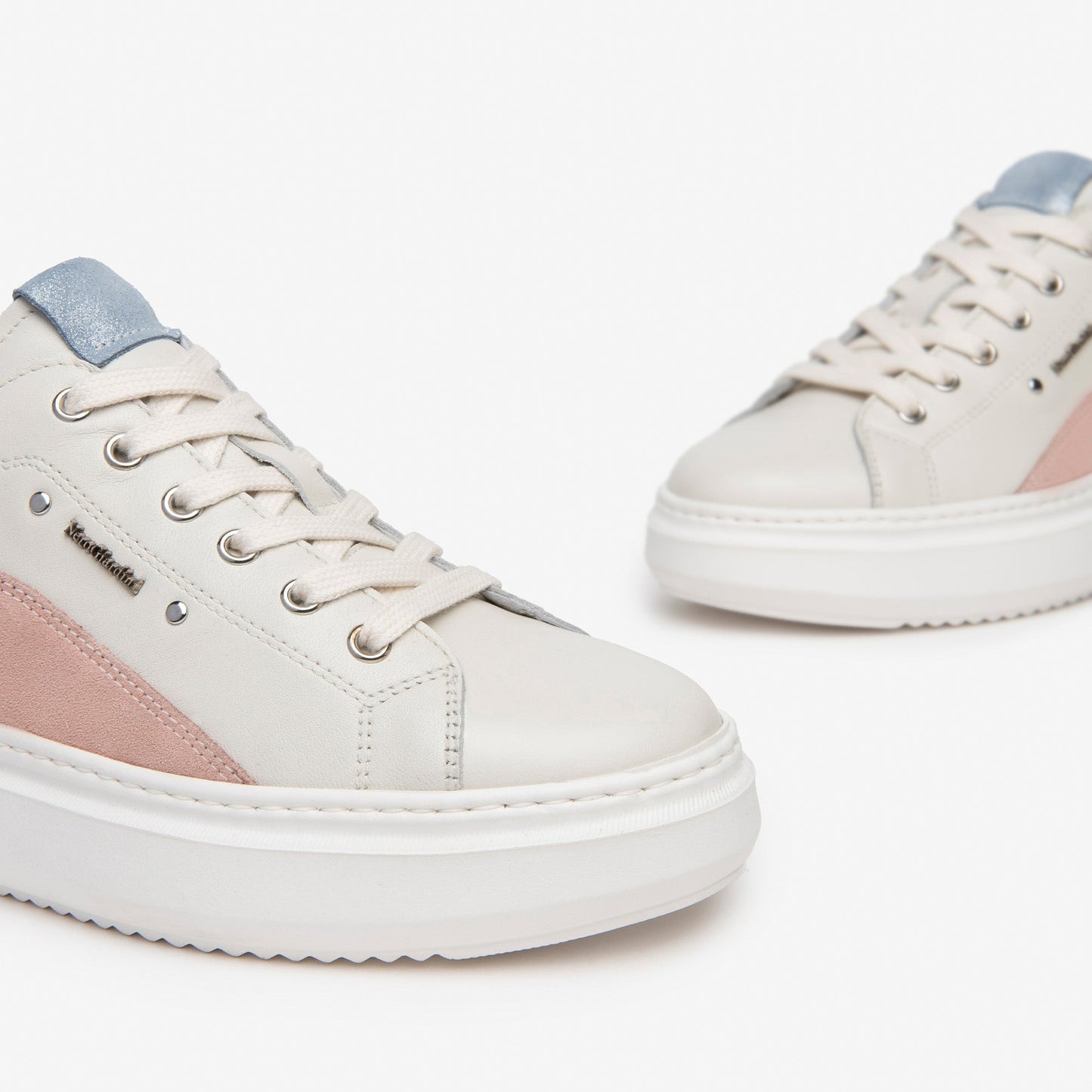 Sneakers NeroGiardini donna pelle bianco inserti camoscio peonia