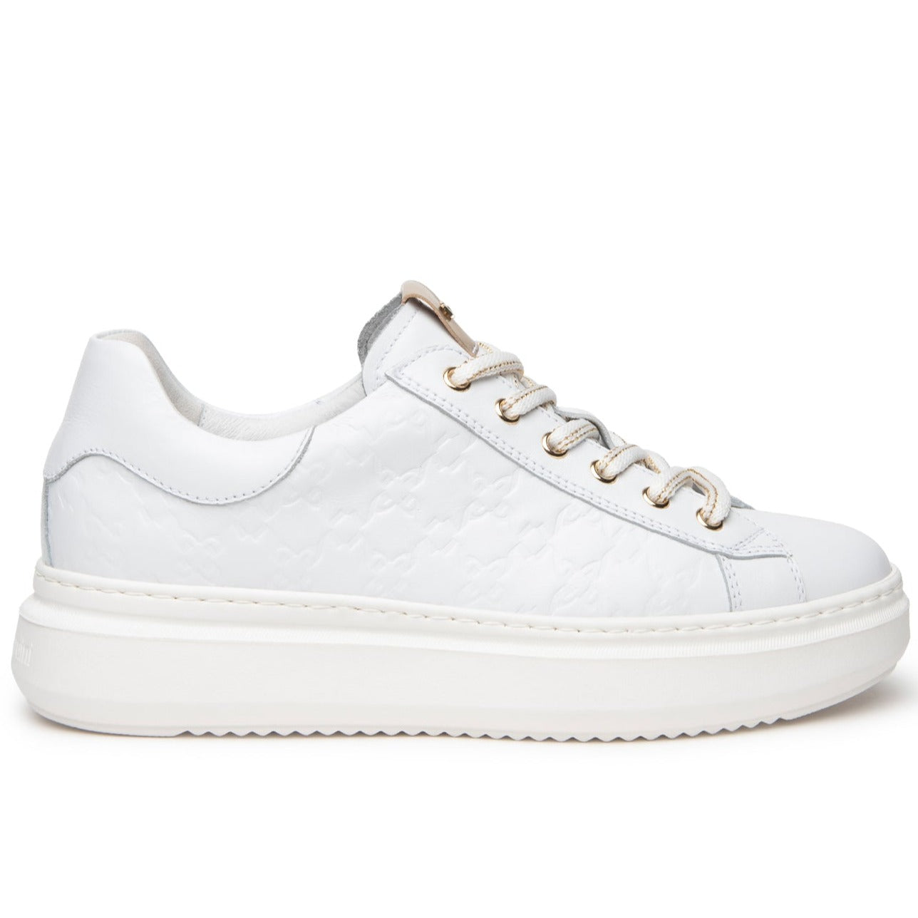 Sneakers NeroGiardini donna pelle con trama bianco e lacci oro