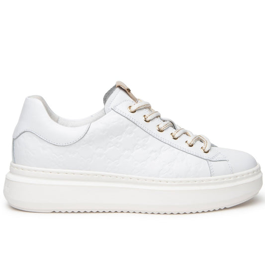 Sneakers NeroGiardini donna pelle con trama bianco e lacci oro