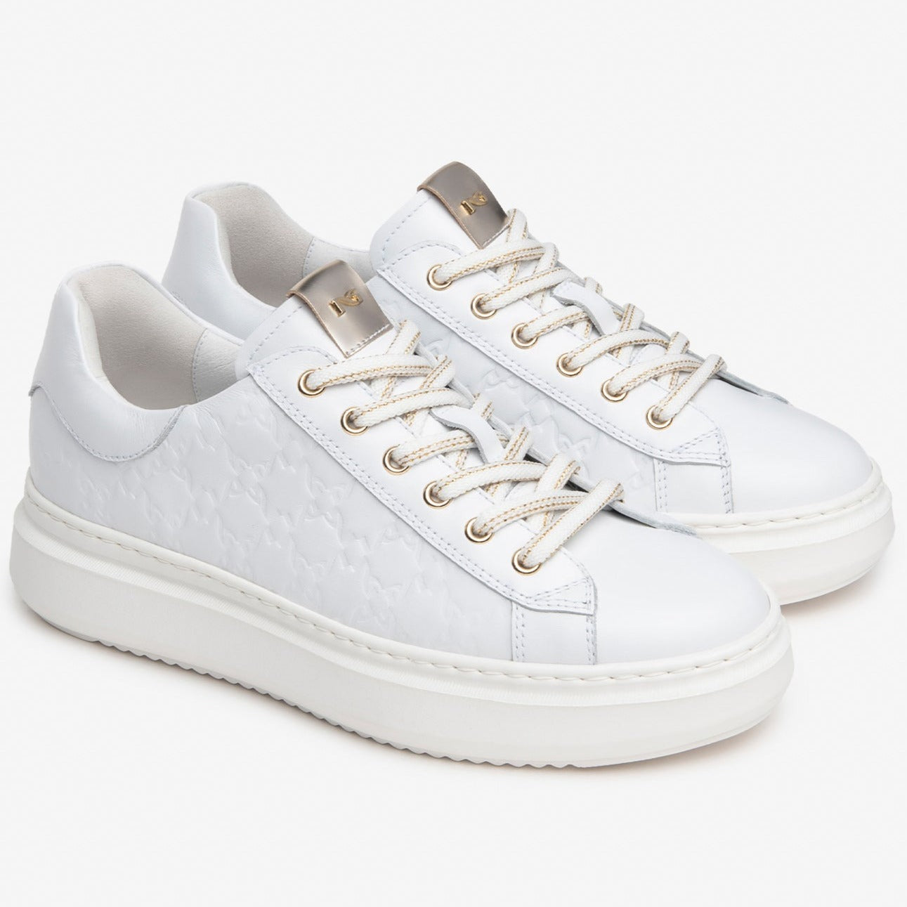 Sneakers NeroGiardini donna pelle con trama bianco e lacci oro