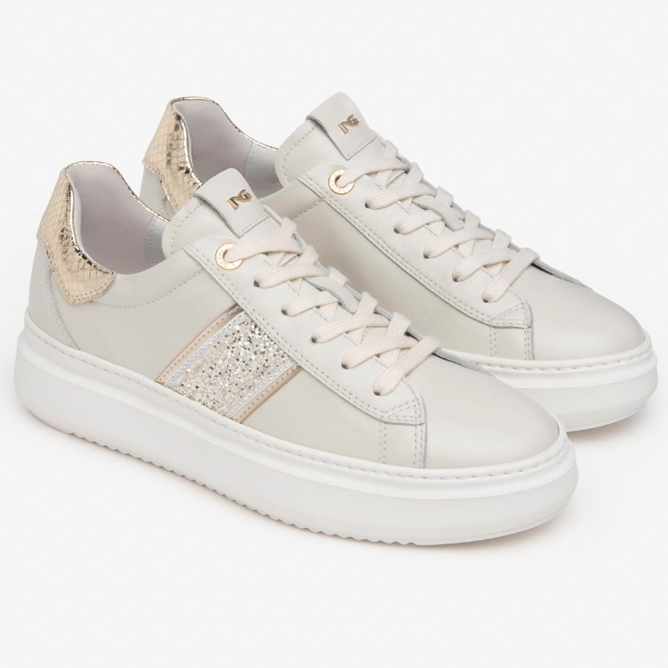 Sneakers NeroGiardini donna pelle avorio inserti platino