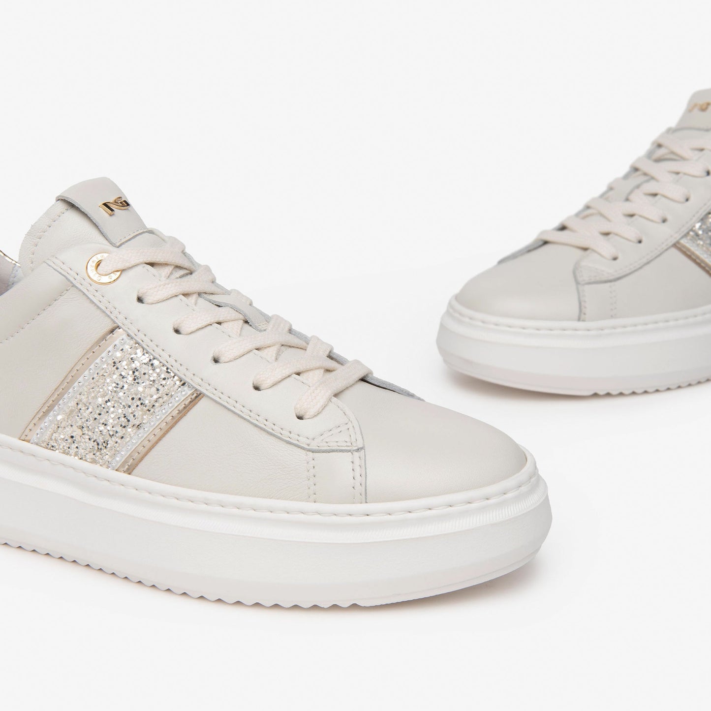 Sneakers NeroGiardini donna pelle avorio inserti platino