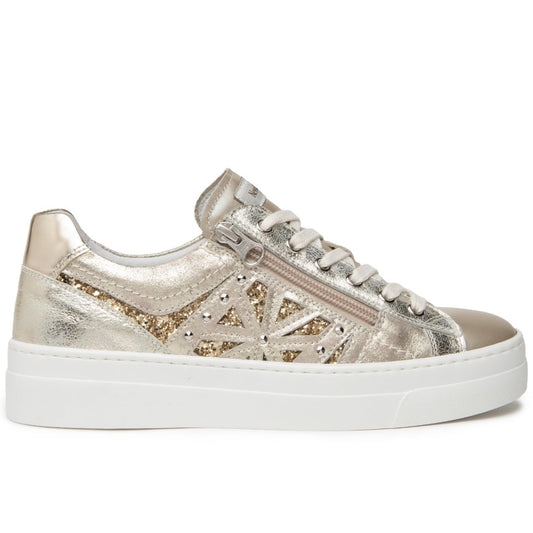 Sneakers NeroGiardini woman gold leather glitter inserts with zip