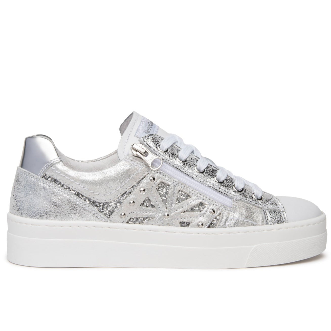 Sneakers NeroGiardini donna pelle argento inserti glitter con zip
