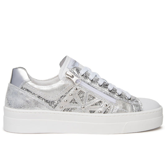 Sneakers NeroGiardini donna pelle argento inserti glitter con zip