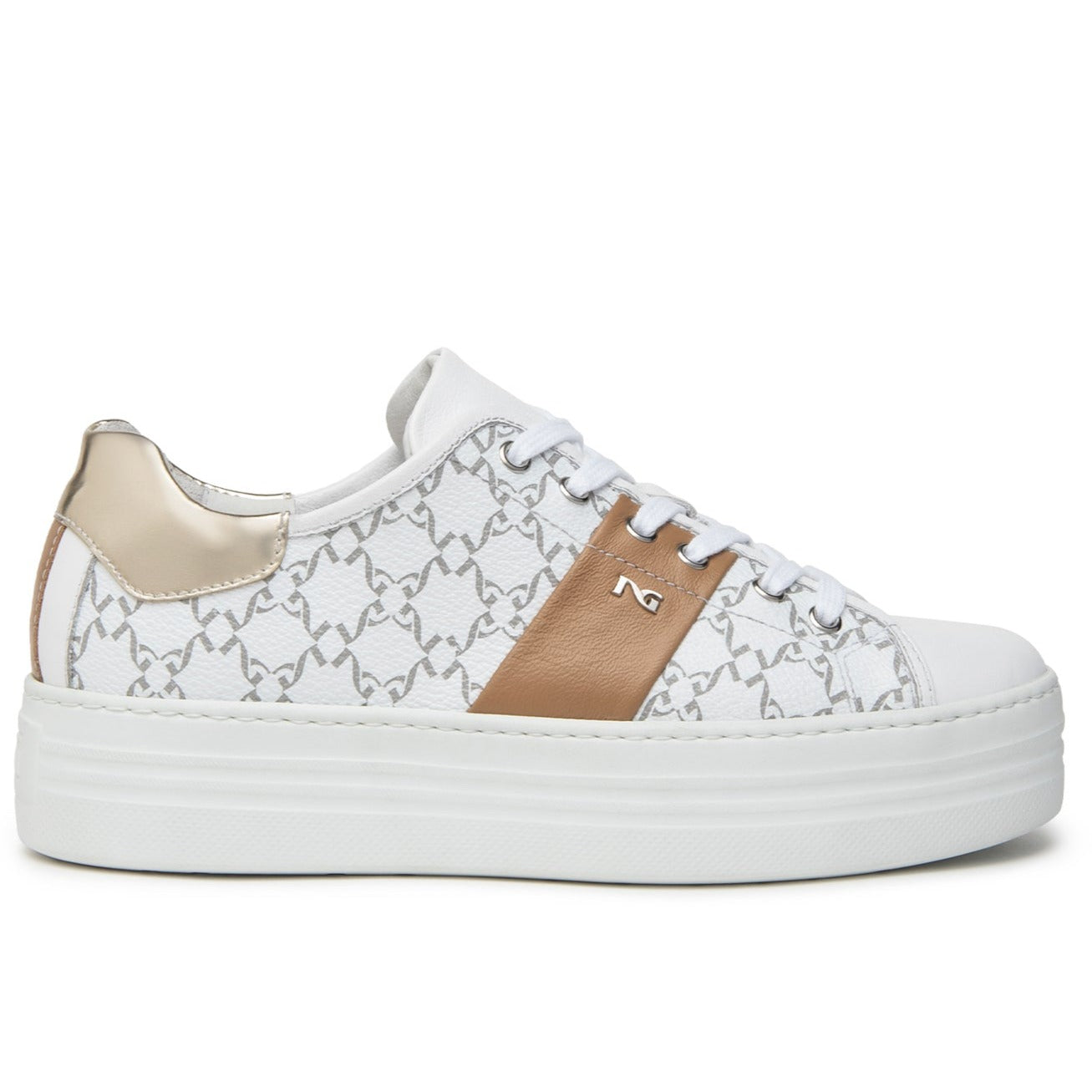 Sneakers NeroGiardini donna pelle bianco fascia beige suola platform