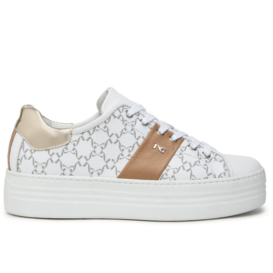Sneakers NeroGiardini woman white leather beige band platform sole