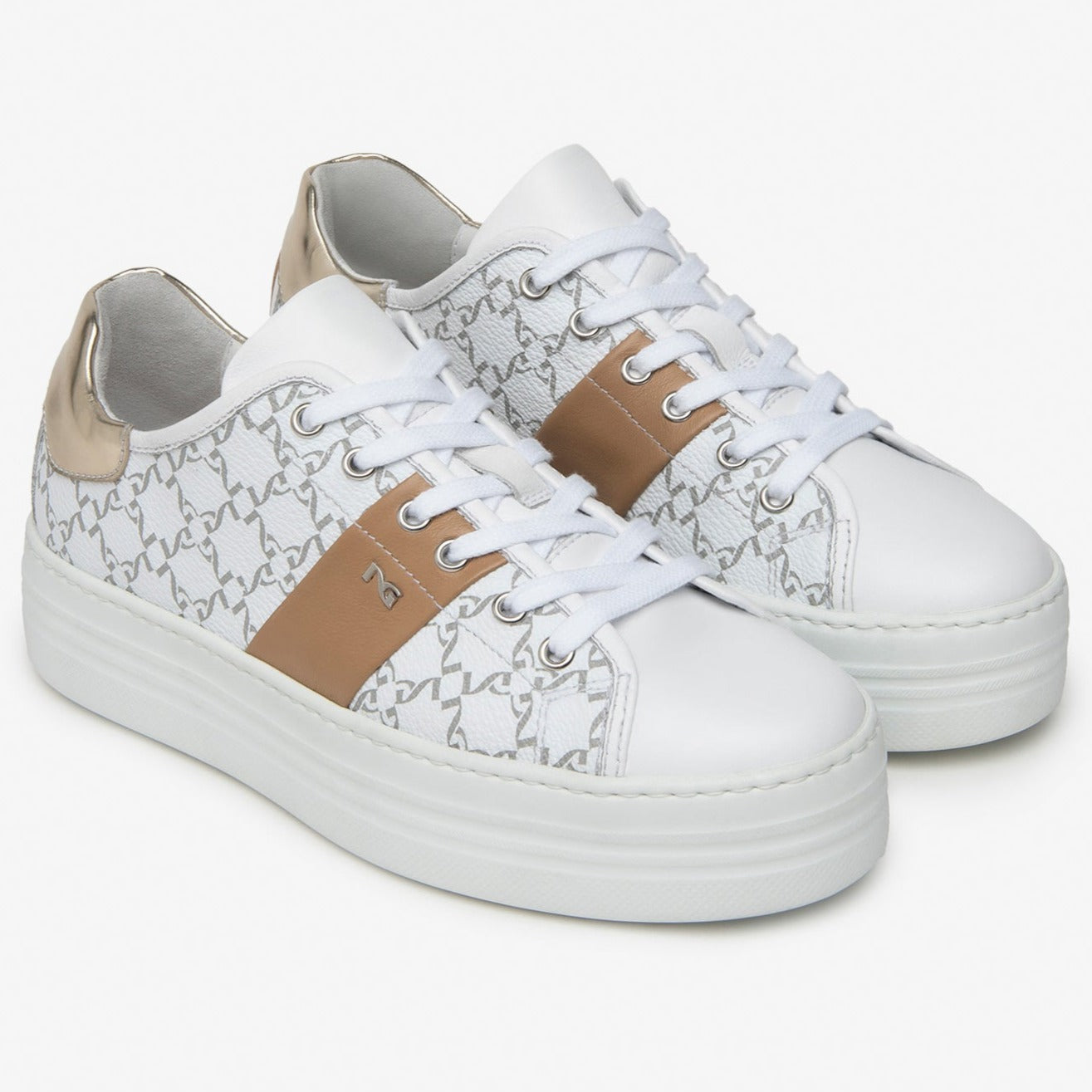 Sneakers NeroGiardini donna pelle bianco fascia beige suola platform