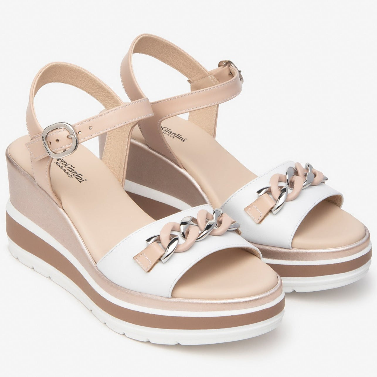 Sandals NeroGiardini women white and beige leather wedge