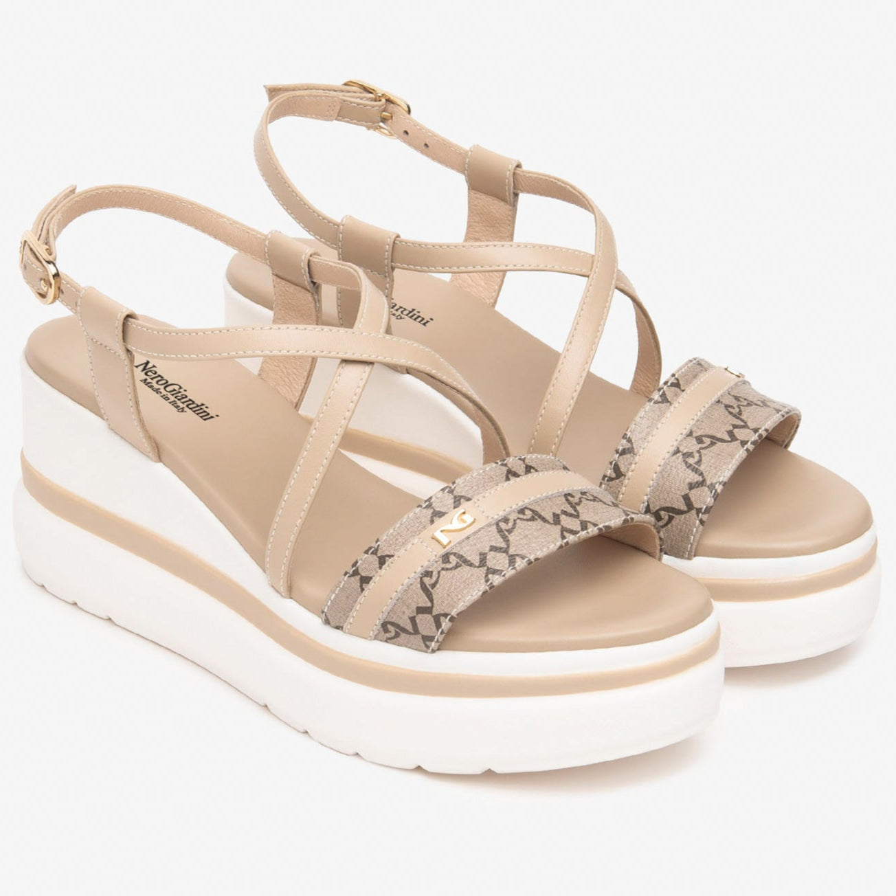 Sandali zeppa NeroGiardini donna pelle beige con trama