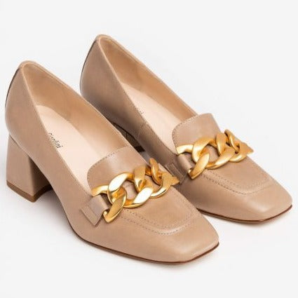 Mocassini NeroGiardini donna pelle colore beige tacco catena
