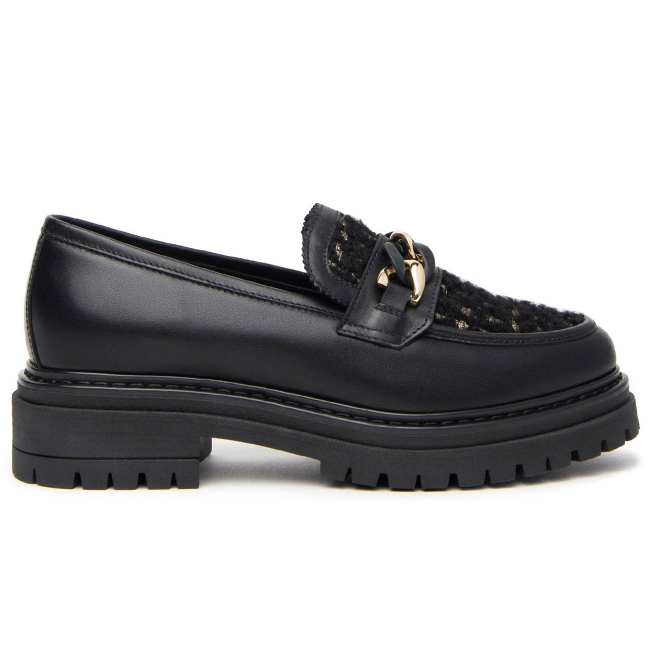 Loafers NeroGiardini woman black leather boucle inserts