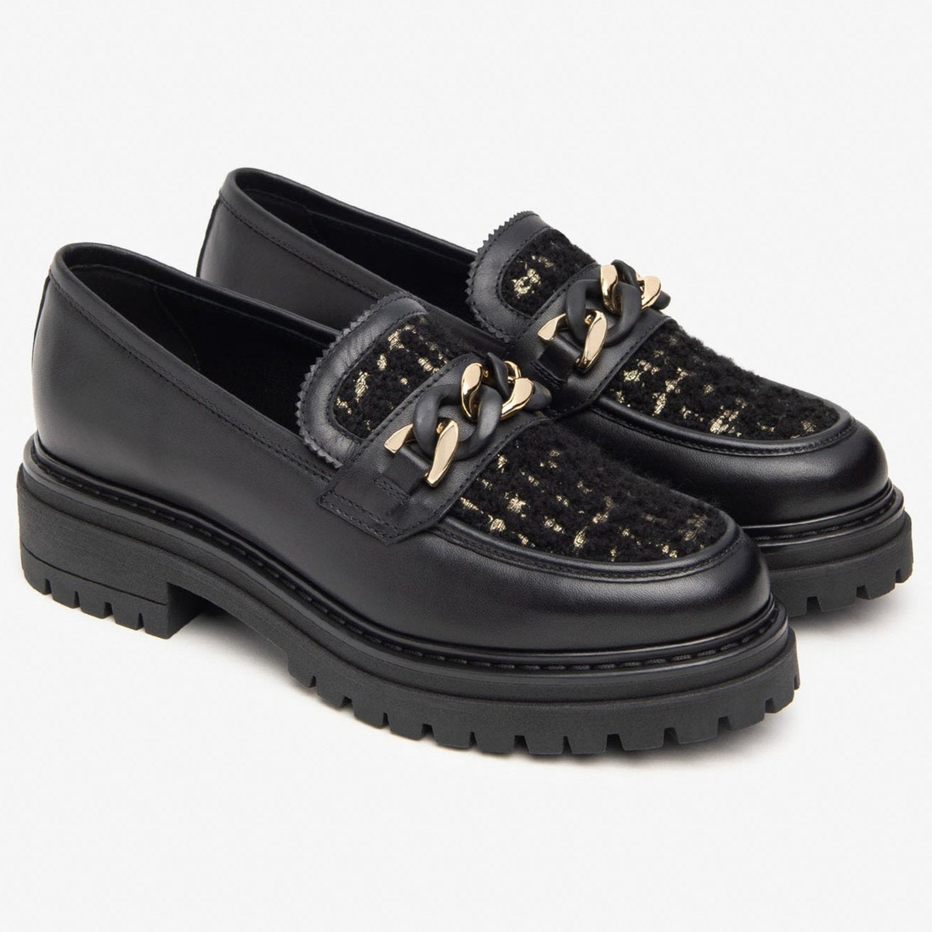 Loafers NeroGiardini woman black leather boucle inserts
