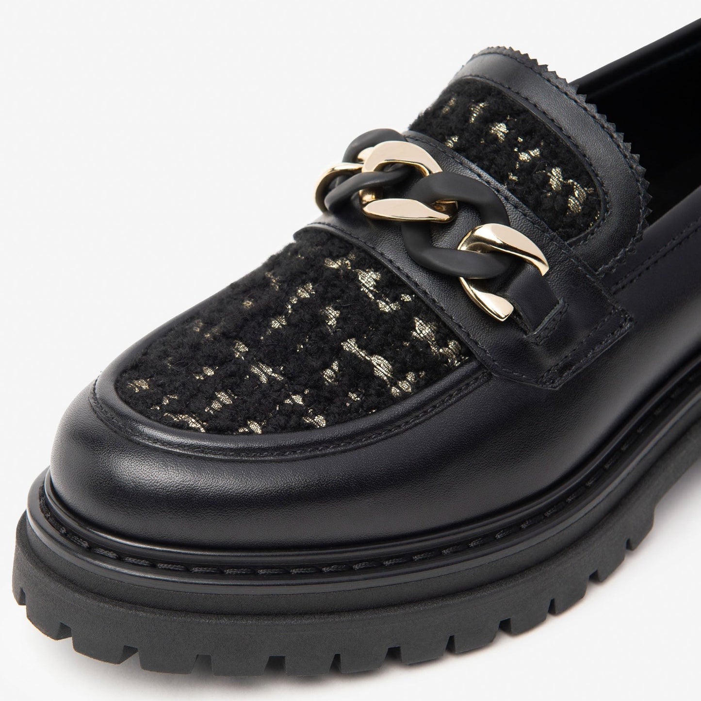 Loafers NeroGiardini woman black leather boucle inserts