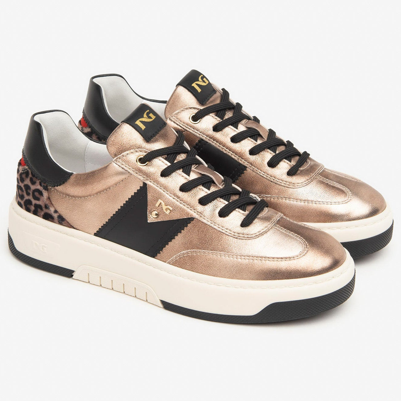 Sneakers NeroGiardini donna pelle platino inserti animalier