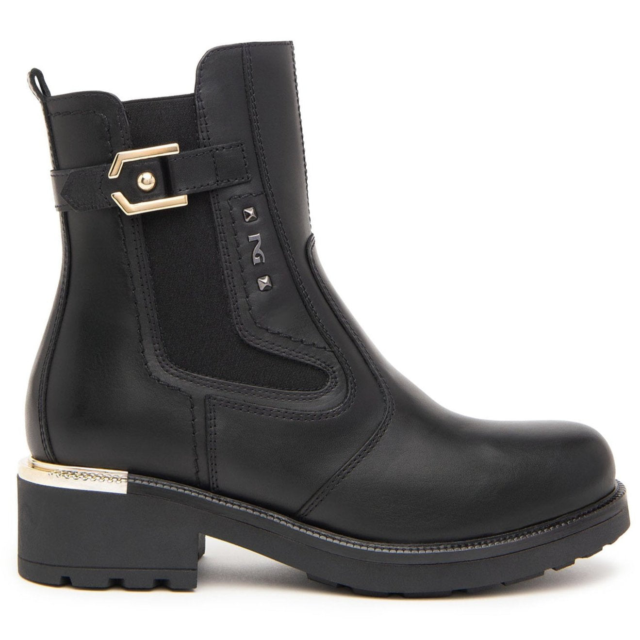 Chelsea ankle boots NeroGiardini woman black leather gold inserts