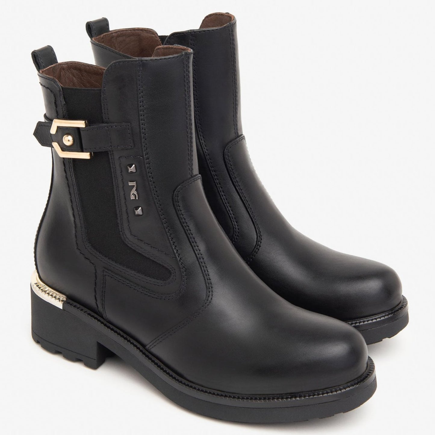 Chelsea ankle boots NeroGiardini woman black leather gold inserts