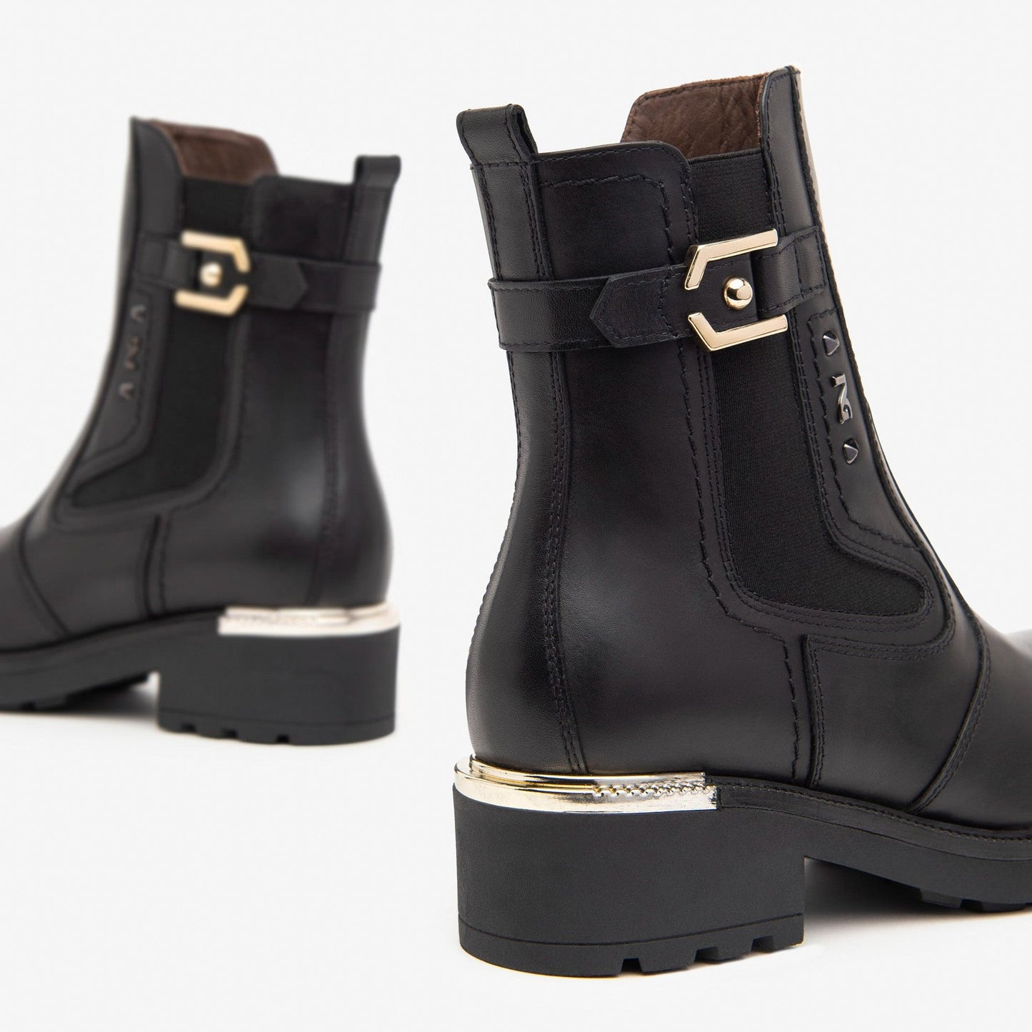 Chelsea ankle boots NeroGiardini woman black leather gold inserts