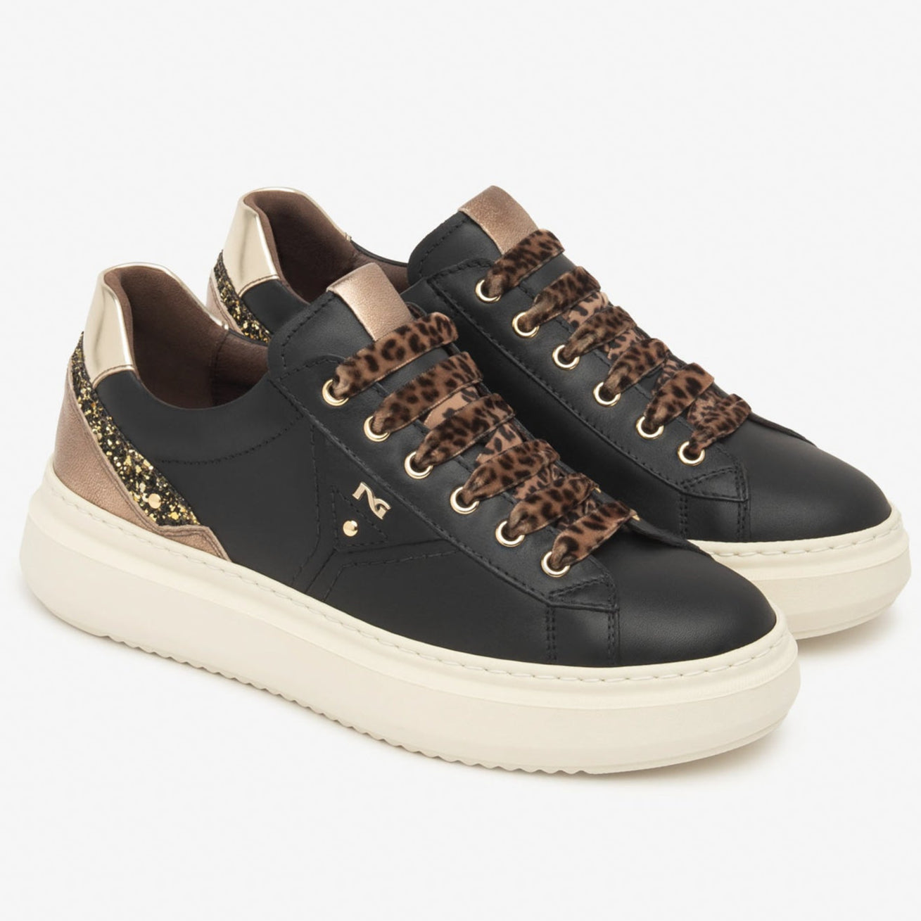 Sneakers NeroGiardini donna pelle nero lacci animalier