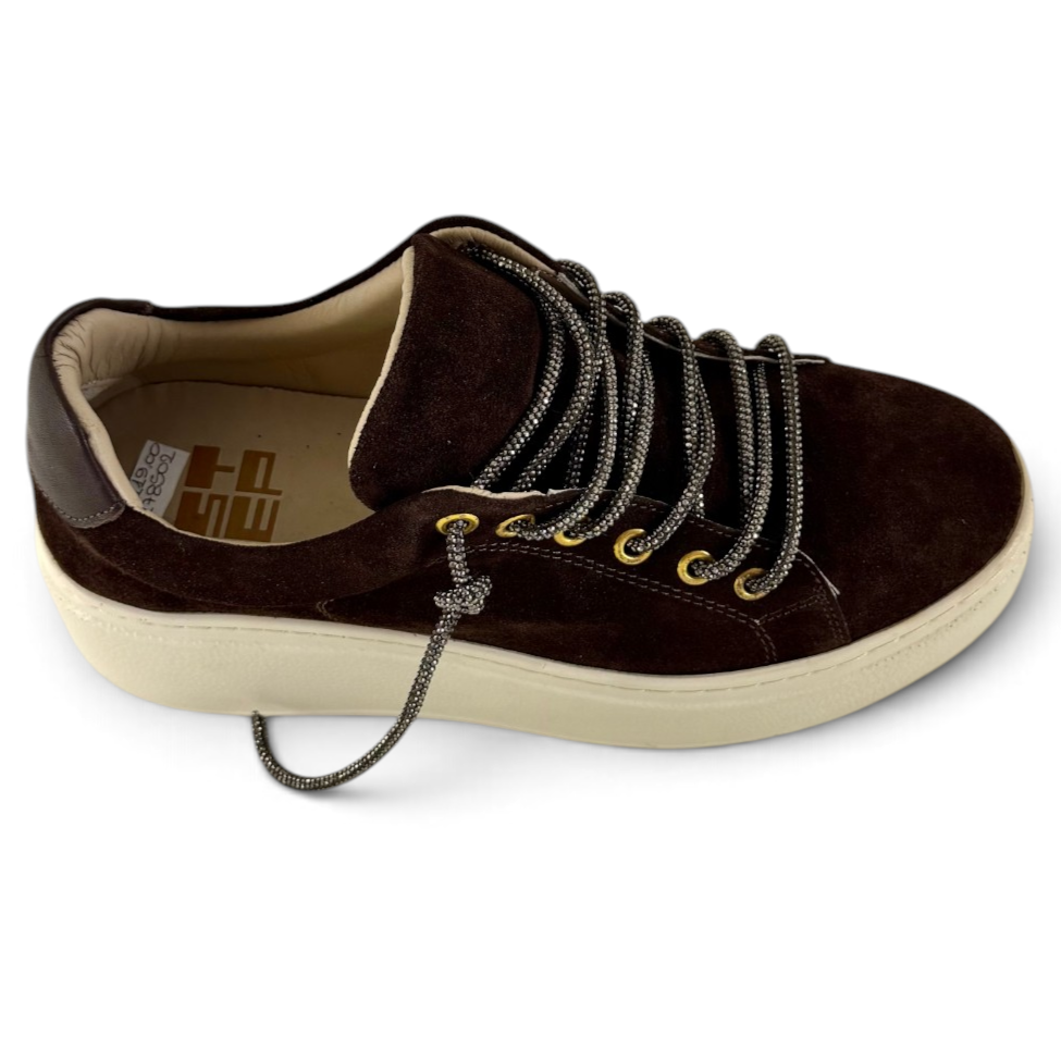 Sneakers Step woman suede dark brown leather strass