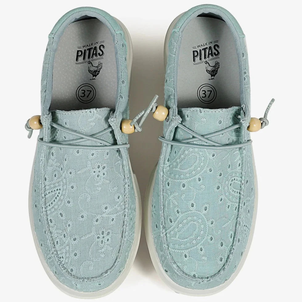 Slipon Pitas donna in 100% cotone effetto pizzo colore verde acqua