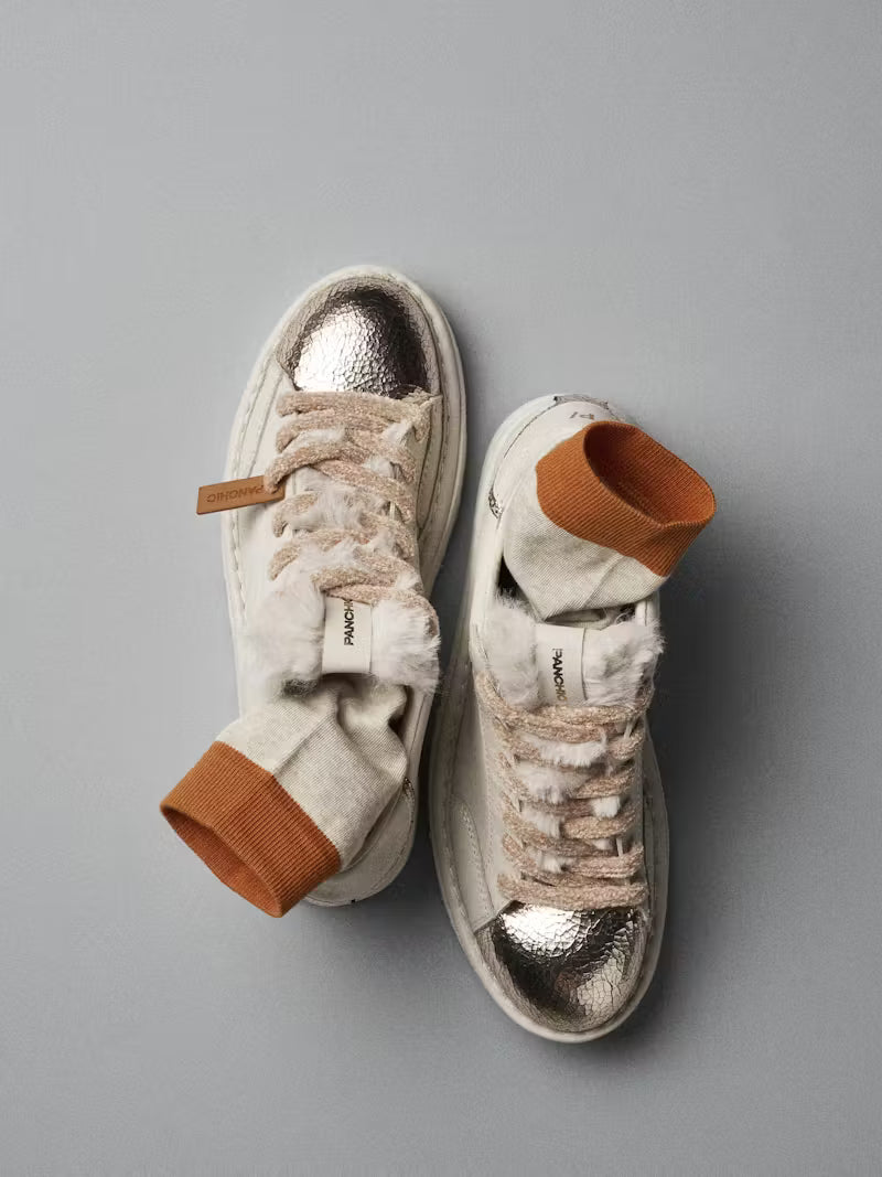 Sneakers Panchic woman ivory and laminated leather with fur