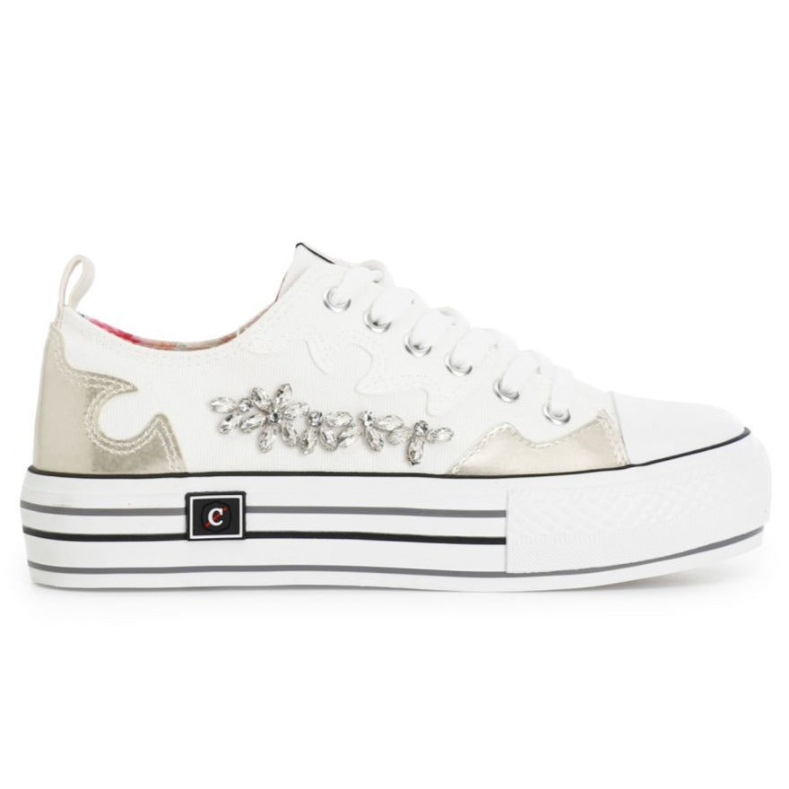 Sneakers CafèNoir donna tessuto bianco inserti gioiello