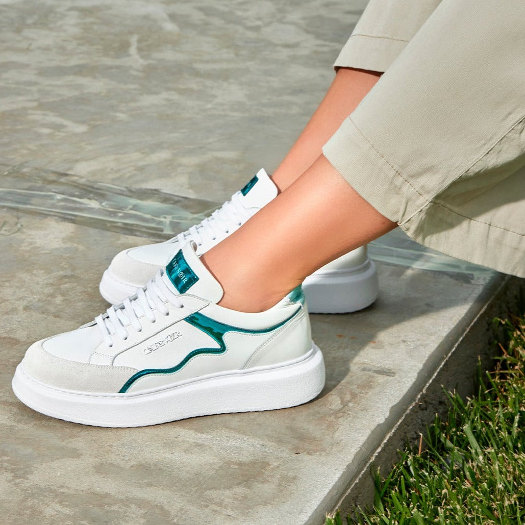 Sneakers CafèNoir donna pelle bianco inserti menta