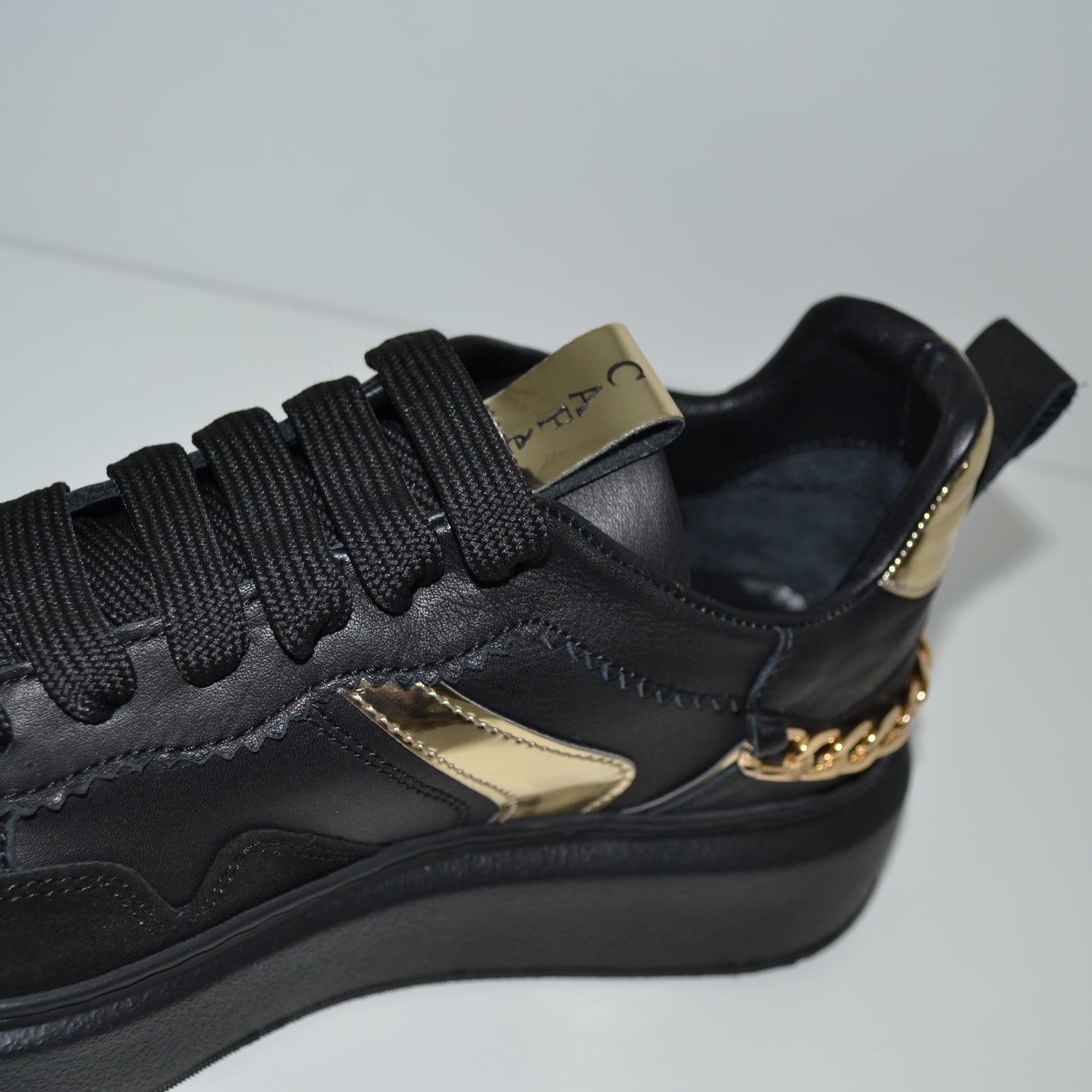 Sneakers CafèNoir woman black leather gold applications