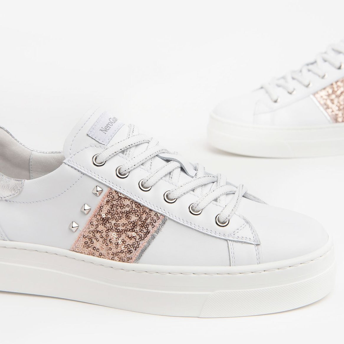 Sneakers NeroGiardini woman white leather pink applications