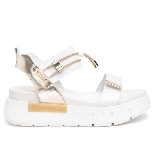Sandals NeroGiardini women white leather and fabric gold inserts