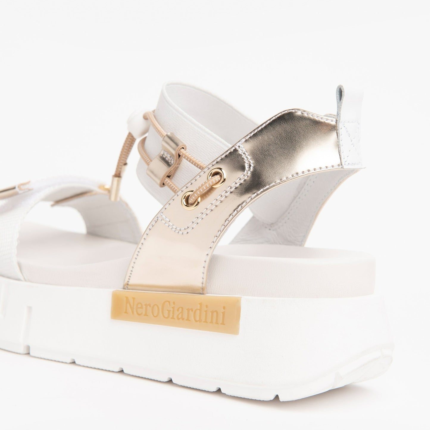 Sandals NeroGiardini women white leather and fabric gold inserts