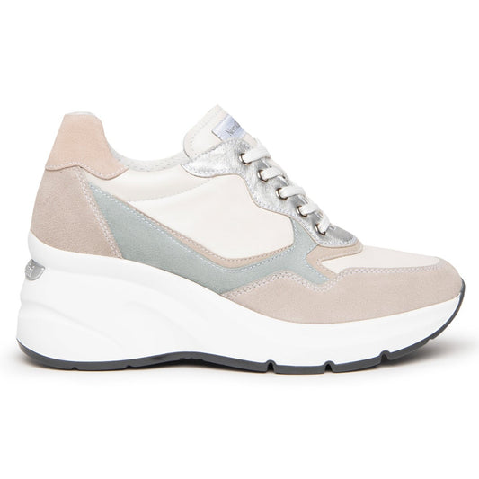 Sneakers NeroGiardini woman white leather rose-blue suede inserts